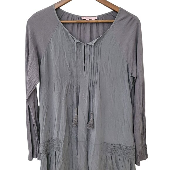 Calypso St. Barth Gray Silk Drop Smocked Waist Gatsby Dress Size M Tassel Ties - Picture 4 of 7